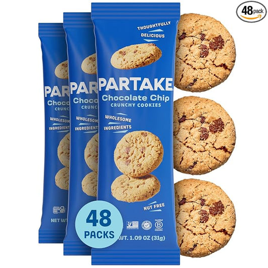 Partake Gluten Free Crunchy Chocolate Chip Cookies - Vegan - Free From the Top 9 Allergens Including Dairy, Wheat, Soy, Eggs, & Peanuts - Safe School & Office Snack (48 Packs, 1.09 oz)