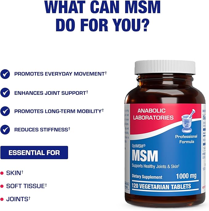 Methylsulfonylmethane MSM Supplement 1000mg - High Strength Soft Tissue & Joint Support Supplement with MSM from OptiMSM - Vegetarian Non-GMO & Made in the USA in cGMP Facilities - 60 Servings