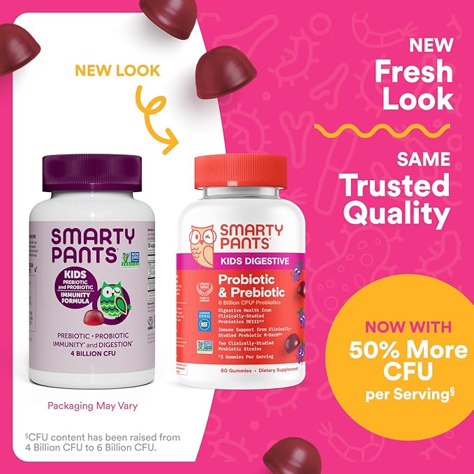 SmartyPants Kids Probiotic & Prebiotic Gummies for Digestive Health: Gut Health Supplement, Clinically Studied Prebiotic for Immune Support, Grape, 60 Count (30 Day Supply)