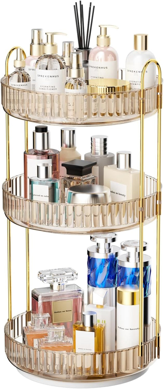 GTI 360°Rotating Makeup Organizer, 3 Tier Large Capacity Perfume Cosmetics Skincare Vanity Organizers,Bathroom Counter Organizer, Dresser Spinning Countertop Organizer and Storage for Women (Gold)