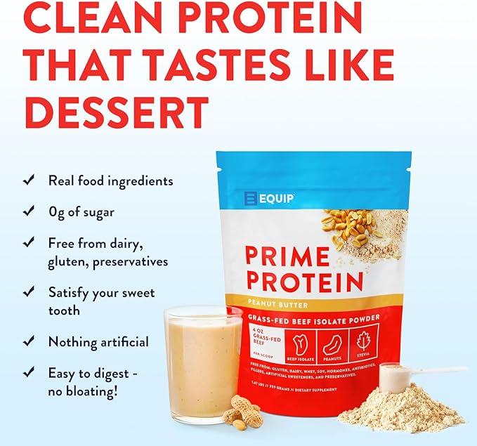 Equip Foods Prime Protein Powder | Clean, Grass Fed Beef Protein Isolate | Carnivore Protein Powder | Paleo, Keto Friendly | Gluten, Dairy Free | 30 Servings, Peanut Butter