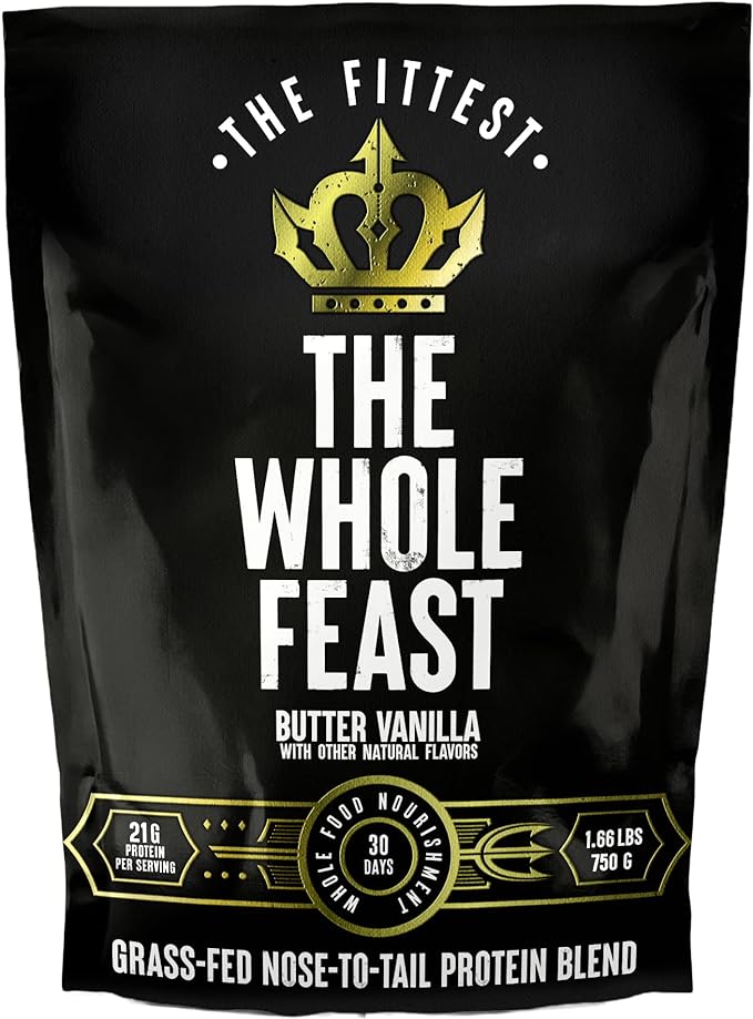 The Fittest Whole Feast Beef Protein Powder - Butter Vanilla - Grass Fed Nose to Tail Carnivore Blend Including Liver, Colostrum and Whole Bone - BCAAs - 14g Collagen - 21g Total Protein