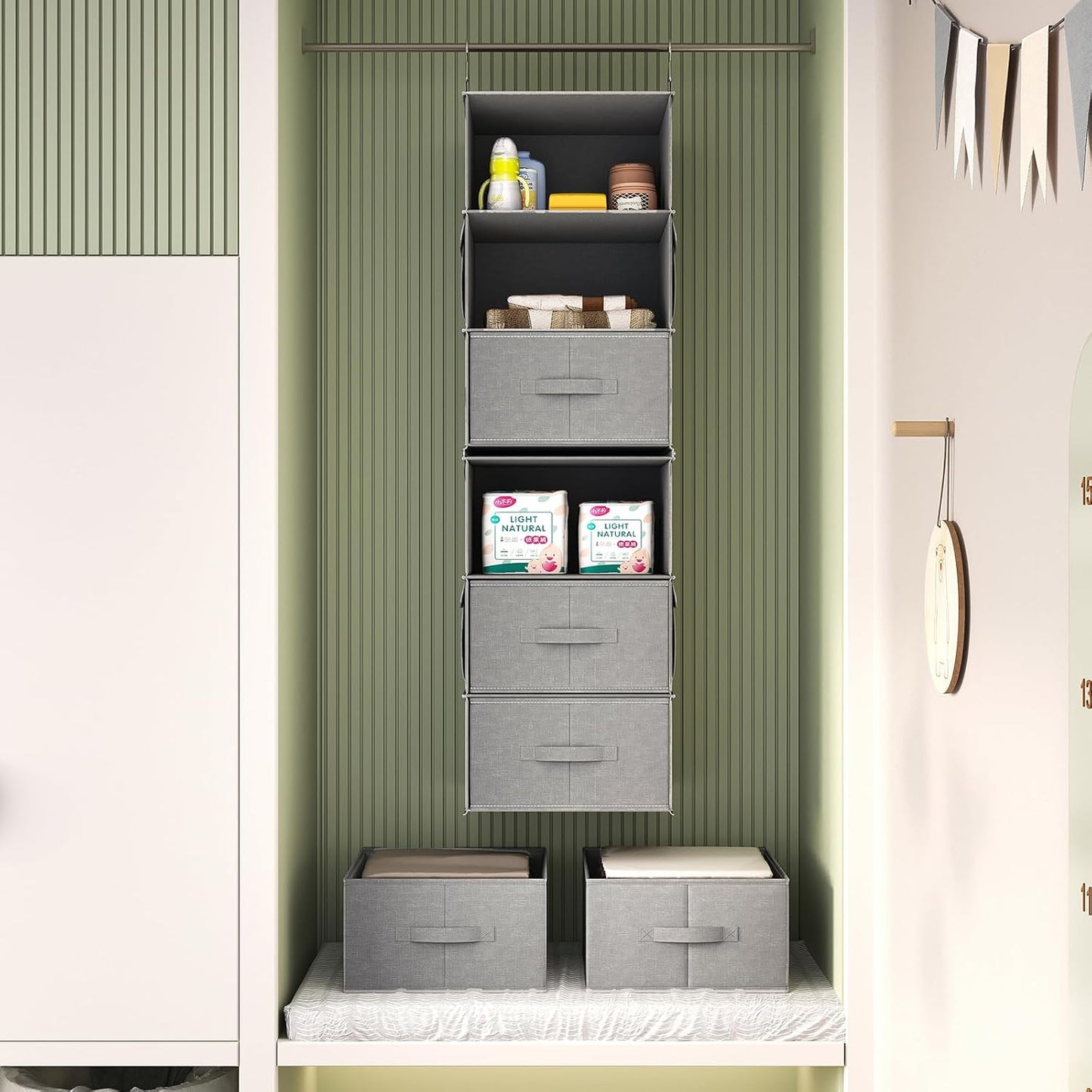 Vailando 6-Tier Hanging Shelves for Closet, Two 3-Shelf Hanging Closet Organizer w/ 4 Side Pockets and 3 Drawers, Combinable for Dorm Wardrobe Organizer and RV Storage and Organization