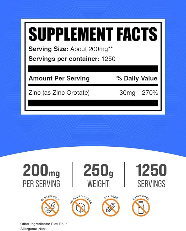 BulkSupplements.com Zinc Orotate Powder - Zinc Minerals Supplement, for Immune Support - Gluten Free, 200mg per Serving, 250g (8.8 oz) (Pack of 1)