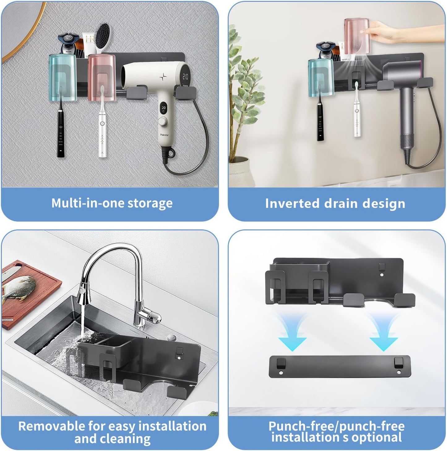 Hair Dryer Holder Wall Mounted Adhesive/Drilling,Hair Dryer Storage Organizer with 2 Toothbrush Holders,2 Toothbrush Cups,2 Storage Boxes for Bathroom,Blow Dryer Holder,Hair Tool Organizer,Dark Gray