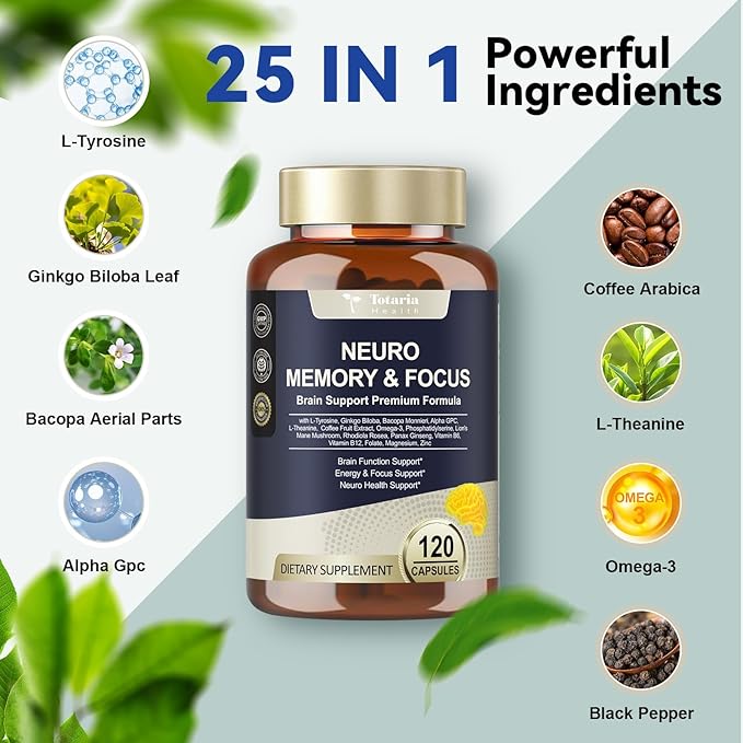 C-ognitive with Caffeine Pills, L-Tyrosine, Alpha GPC, Ginkgo Biloba, Bacopa Monnieri Brain Supplement for Memory and Focus, Brain Nootropic Support - Non-GMO, Gluten Free (120 Counts)