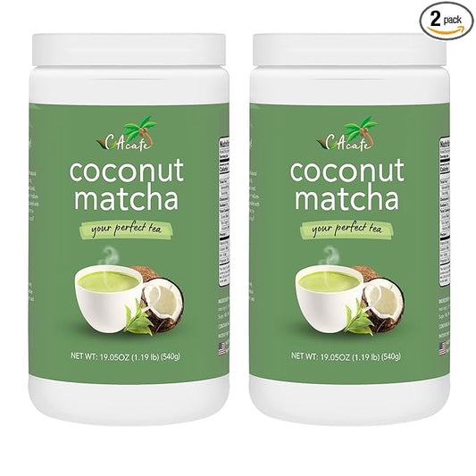 CAcafe Coconut Matcha | Instant Japanese Health Drink | Creamy & Sweet | Hot or Iced Green Tea Latte Mix | New Look, Reduced Sugar | Non-GMO | No Artificial Flavors or Colors | 2-Pack