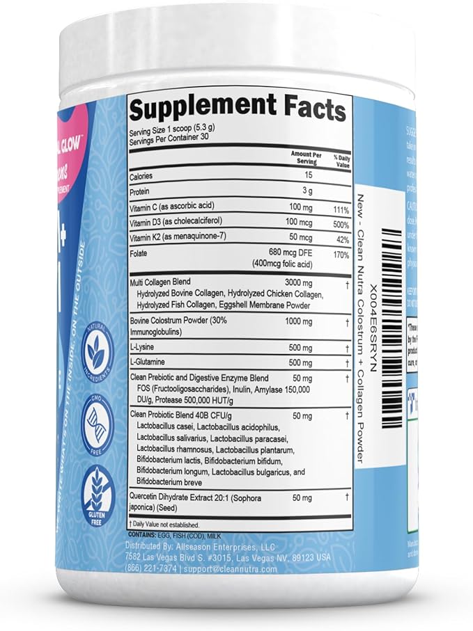 Bovine Colostrum Powder + Collagen Peptides with L-Glutamine L-Lysine Prebiotics Probiotics Digestive Enzymes Vitamin D K2 C Quercetin & Folate | Gut Health Supplement Internal Glow by Clean Nutra