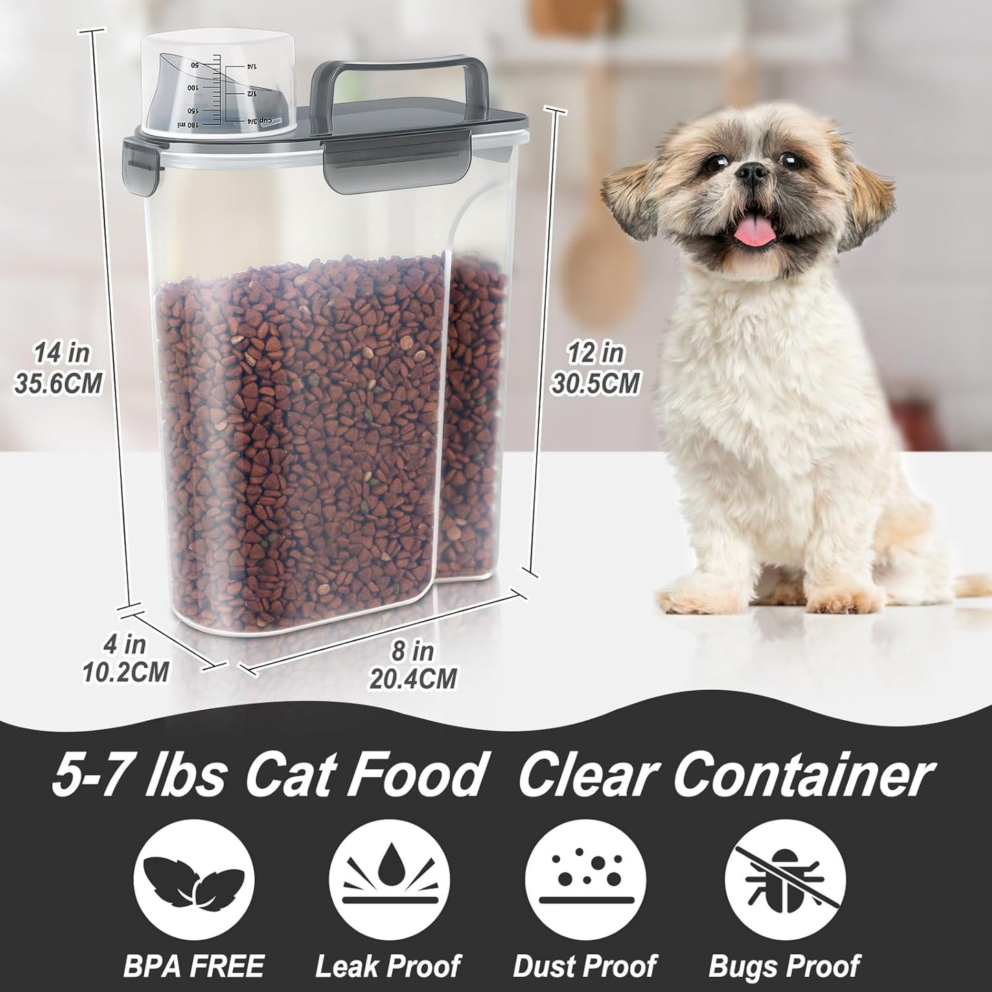 5-7Lbs Cat Dog Pet Food Storage Container with Large Nozzle Design/4 Safety Buckles/Double-Layer Sealing Strips/Handle/Measuring Cup is Easy to Clean and Does BPA-free (Clear Black)