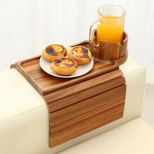 Couch Cup Holder Tray, Acacia Wood Couch Armrest Table with 360° Ratated Phone Holder, 18.99" Flodable Anti-Slip Sofa Armrest Tray Tables for Snacks Remote Storage