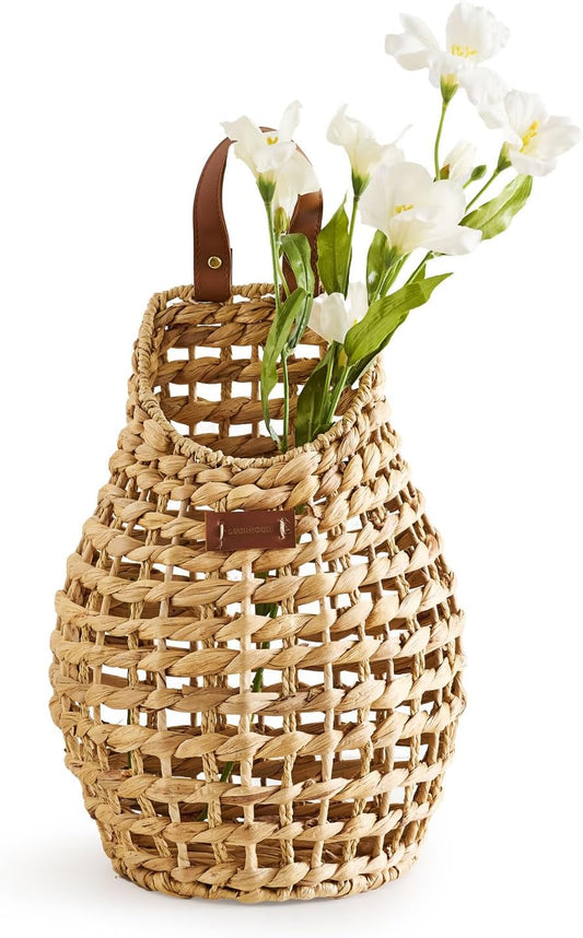 Woven Front Door Basket Water Hyacinth Wall Hanging Basket Decorative Boho Mounted Organizer for Dried Flower Plants Storage Basket for Garden, Home, and Farmhouse Décor (B_Hyacinth)
