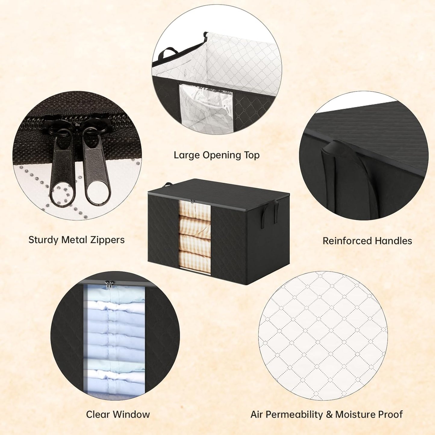 6 Pack Clothes Storage Bags - 90L Blanket Organizers and Storage for Closet Large Storage Bins with Lids and Zipper Storage Containers for King Comforter, Pillow and Sweater (Black, 6 Pack)