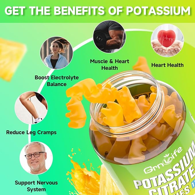 Potassium Citrate Gummies, High Potassium Supplement Gummies 1200mg Support Leg Cramps & Muscle Health, for Adults & Kids, Vegan, Pineapple Flavor 120 Count