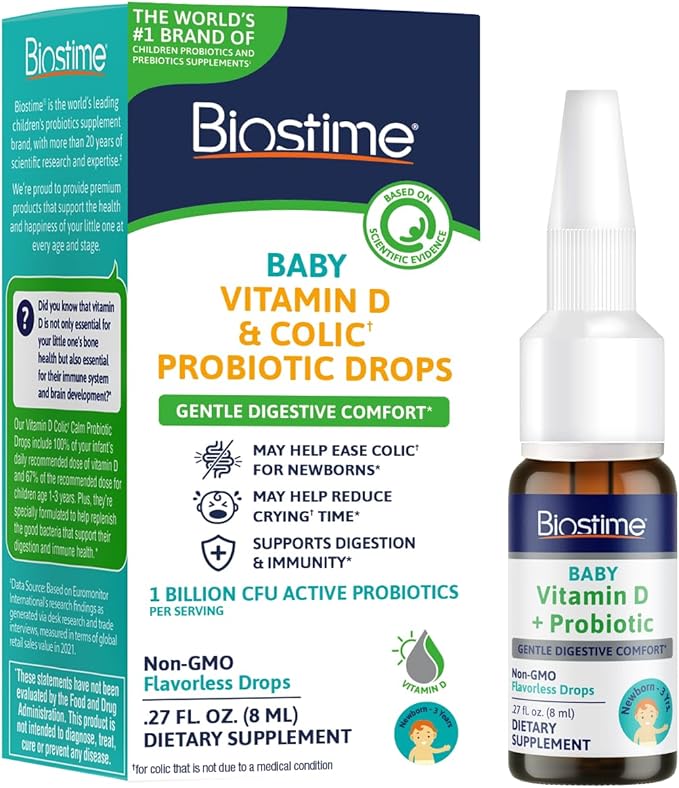 Biostime Baby Vitamin D & Colic Probiotic Drops for Newborns to 3 Years Old | 100% Daily Values Vitamin D for Bone & Immune Support – Eases Colic & Digestion| 32 Serving
