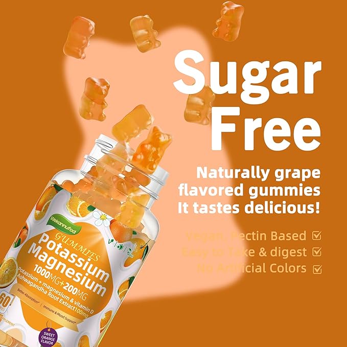 Potassium Magnesium Gummies,High Absorption Magnesium Glycinate,B6,D3,Potassium Citrate for Leg Cramps,Muscle,Electroyte for Adults Kids,Sugar-Free, 120 Gummies (Sweet Orange Flavor)