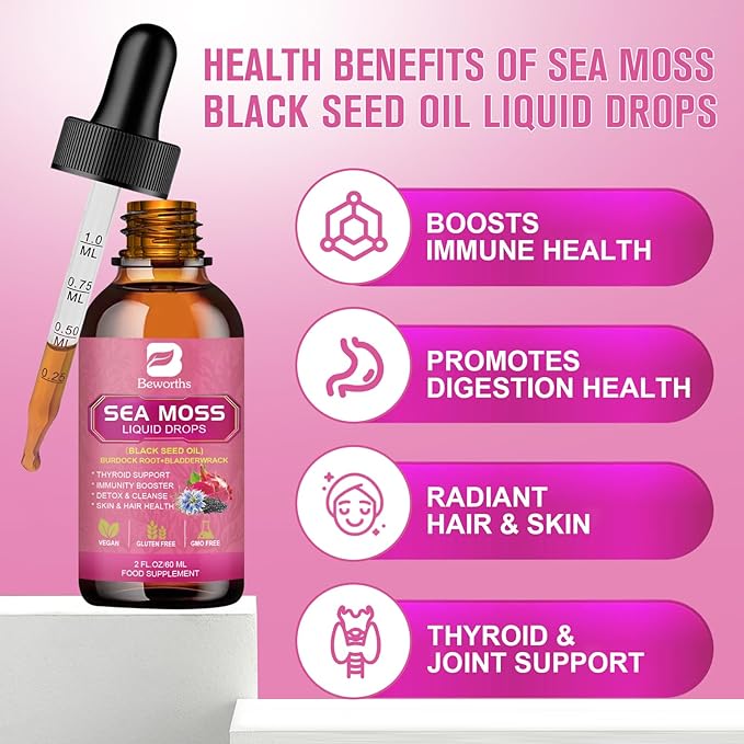 B BEWRTHS Sea Moss Liquid Drops - Black Seed Oil & Irish Sea Moss Gel with Burdock Root Bladderwrack, Elderberry, 6X Stronger Qrganic Seamoss Raw Supplement for Digestive, Hair Health - Vegan, 2 Fl.oz