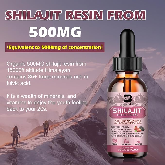 Shilajit Resin Liquid Drops for Men and Women with Ashwagandha, Turmeric, Ginseng, Chaga, 85+ Trace Minerals Fulvic Acid Shilajit Complex for Digestion Support, Energy Booster - Vegan