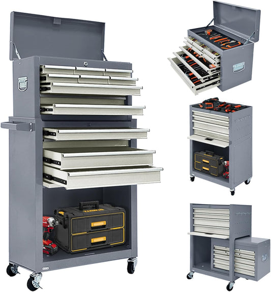 13-Drawer Rolling Tool Chest with Wheels, 2-1 Detachable Tool Chest with Drawers, Metal Tool Box with Lock, Large Tool Cabinet for Garage Workshop (Gray)