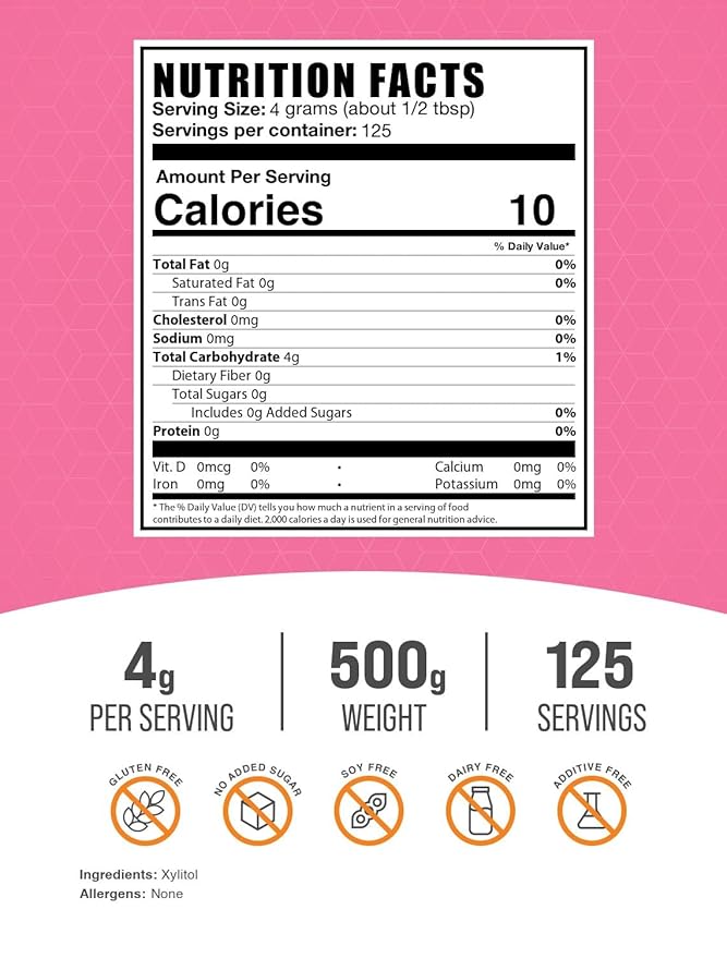 BulkSupplements.com Xylitol Powder - Natural Sugar Substitute & Sugar Alternative - Sweetener For Baking & Cooking, Gluten Free - 4g per Servings, 125 Servings (500 Grams - 1.1 lbs)
