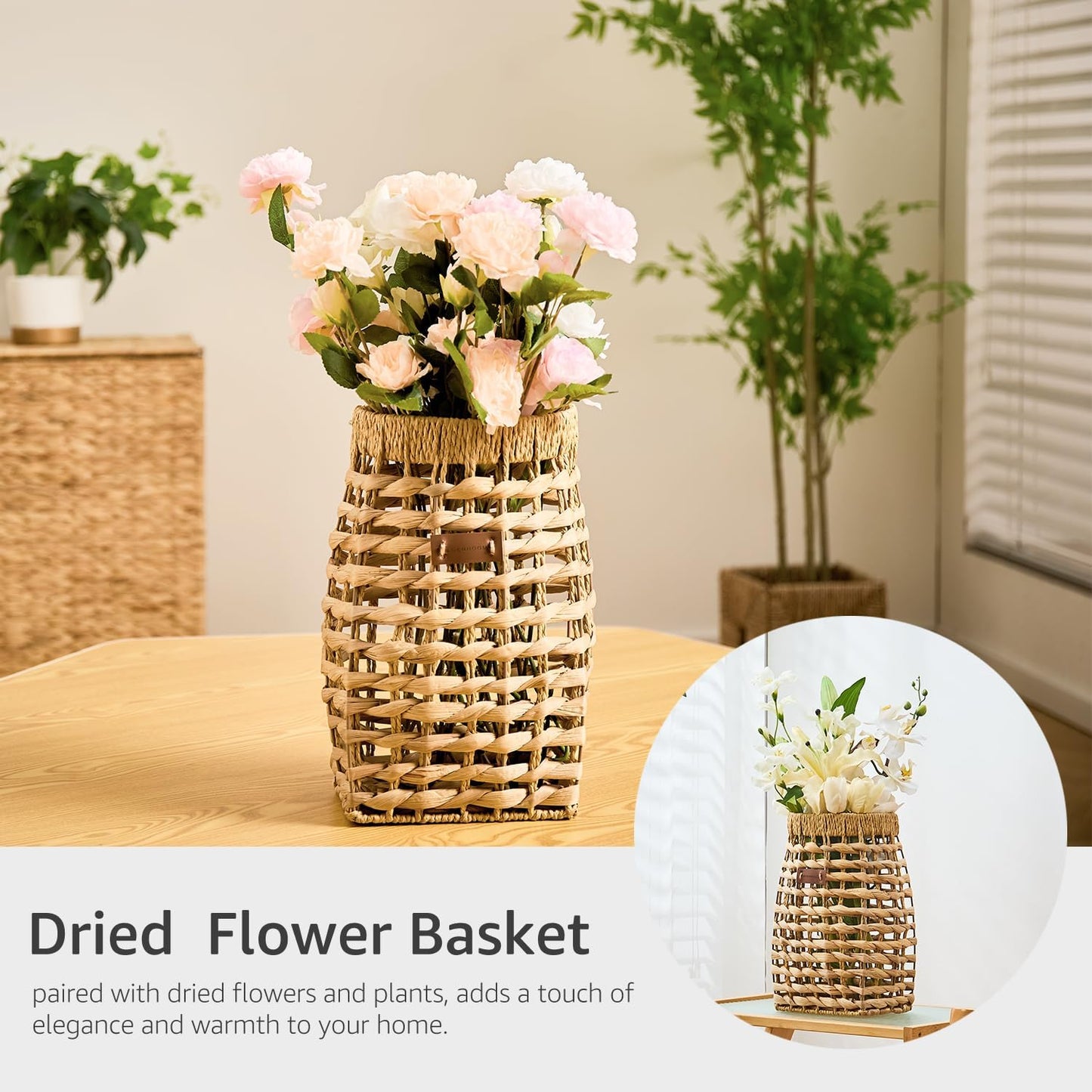 Woven Front Door Basket Water Hyacinth Wall Hanging Basket Decorative Boho Mounted Organizer for Dried Flower Plants Storage Basket for Garden, Home, and Farmhouse Décor (C_Hyacinth)
