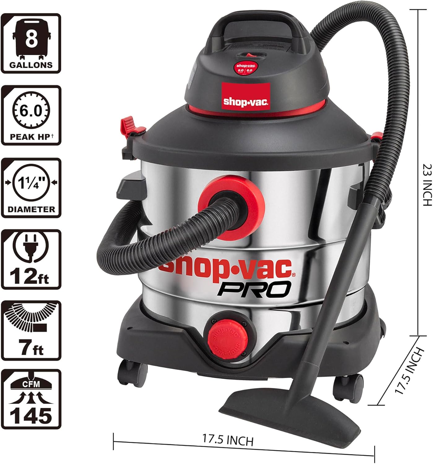 Shop-Vac 8 Gallon 6.0 Peak HP Wet/Dry Vacuum, Stainless Steel Tank, Portable Shop Vacuum with Multifunctional Attachments for Jobsite, Garage & Workshop. 5989400