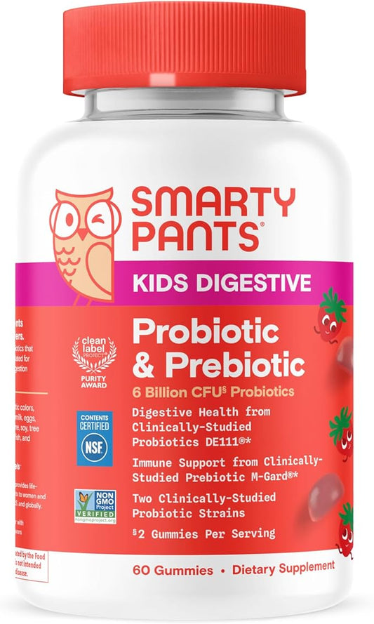 SmartyPants Kids Probiotic & Prebiotic Gummies for Digestive Health: Gut Health Supplement, Clinically Studied Prebiotic for Immune Support, Strawberry, 60 Count (30 Day Supply)