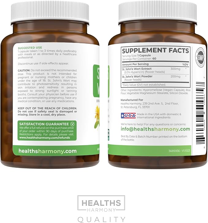St John's Wort Capsules - Powerful & Potent Saint John's Wort Extract & Whole Herb Complex Standardized to 900mcg Hypericin for Balancing Daily Mood Support - Vegan Non-GMO & Lab Verified (60 Caps)