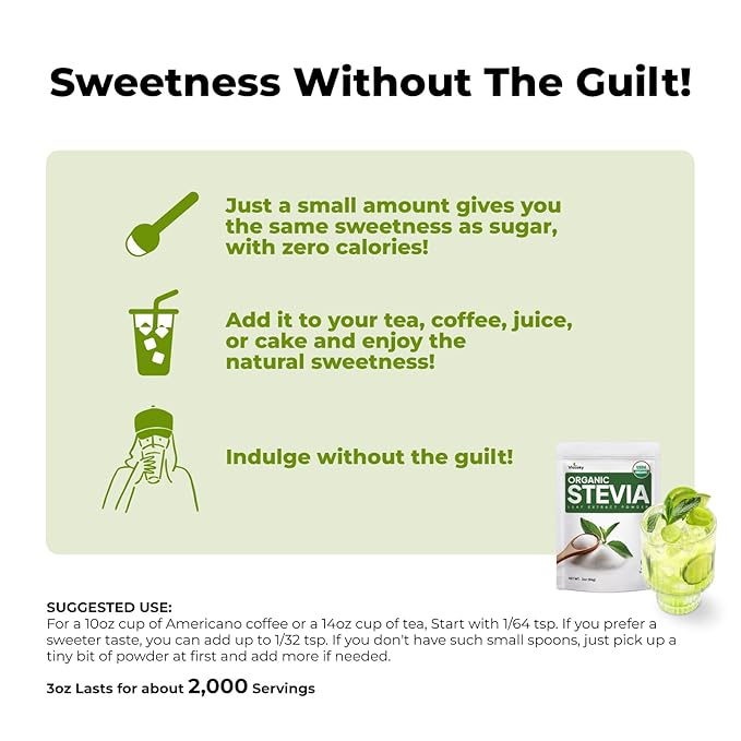 Viccoky Organic Stevia Powder 3oz (86g), Pure Stevia Extract Powder, Sugar-Free & 0 Calories, No Additives, Sugar Substitute, Natural Sweetener