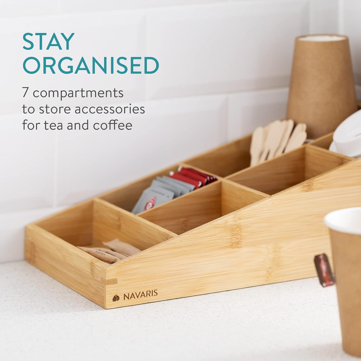 Navaris Coffee Station Organizer - 7 Compartment Coffee Bar for Office & Kitchen Countertop Organization