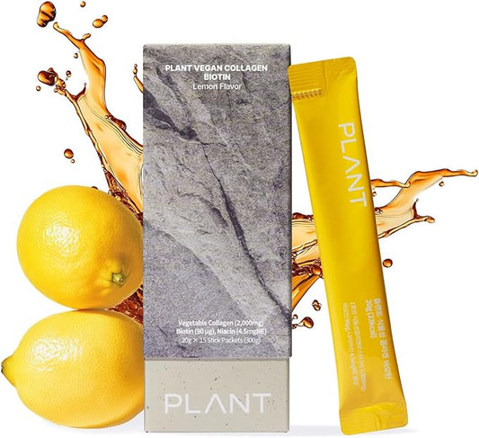 PLANT Vegan Liquid Collagen + Biotin + Niacin | 2,000mg Hydrolyzed Collagen Peptides | Kosher & Halal Certified| Lemon Flavor| Skin, Hair & Nail Support| 363Da Ultra Low Molecular |15 Stick Packs