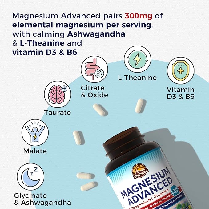 Vitalitown Magnesium Ashwagandha Supplement, Magnesium Glycinate, Citrate, Malate, Taurate, Vitamins D3 & B6, Non-GMO, Immune & Bone Health, Calm & Relaxation, 240 Capsules
