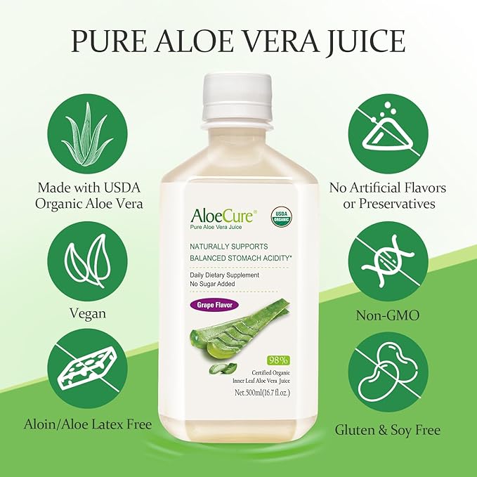 AloeCure USDA Organic Aloe Vera Juice Grape Flavor, Made Within 12 Hours of Harvest - Pure Aloe Vera Digestive & Immune Health Supplement, Helps Maintain Balanced Stomach Acidity, 16.7oz x 4 Btls