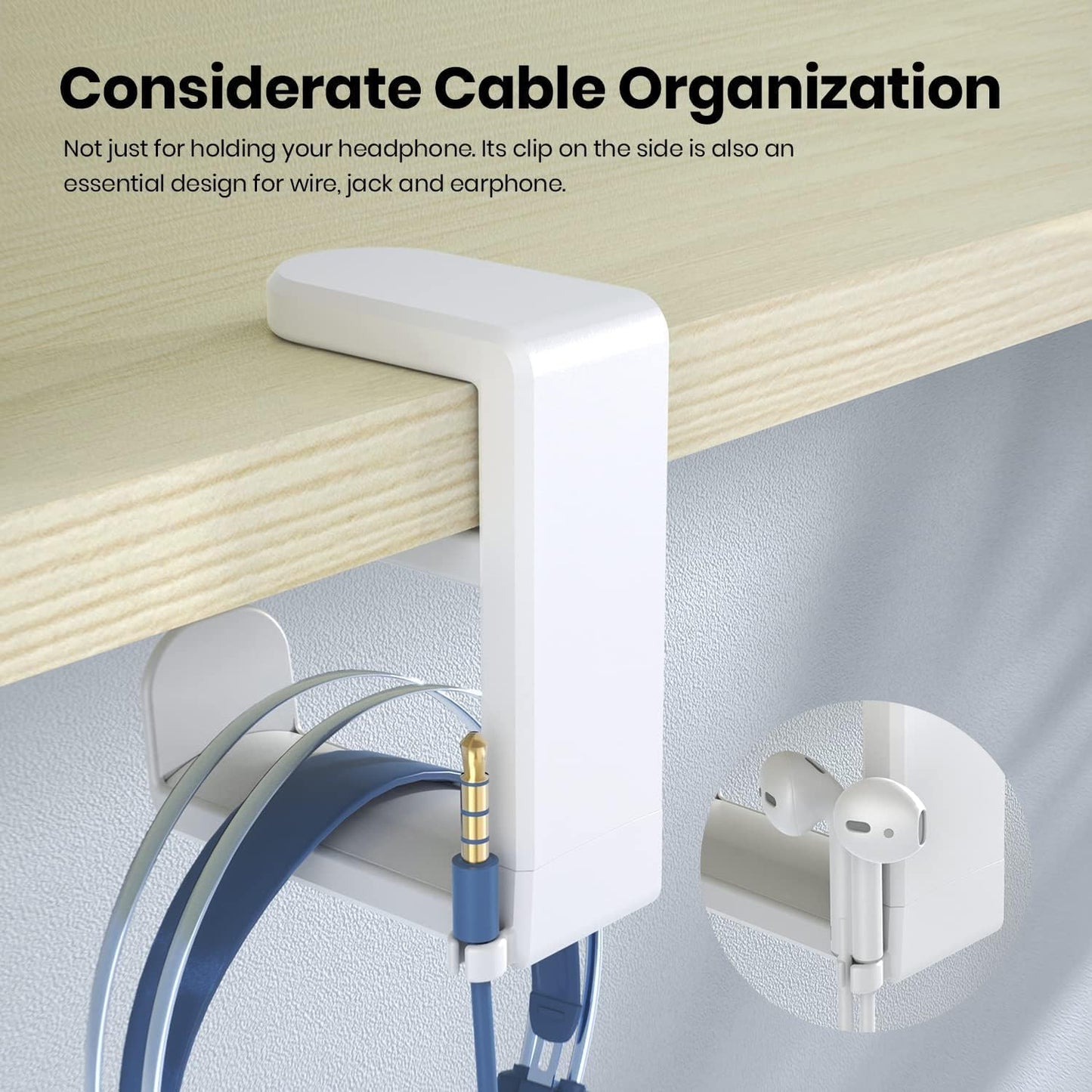 Rotating Headphone Stand - EURPMASK PC Gaming Headset Stand, Adjustable Clamp-on Headphone Holder, Headphone Hanger Hook Under Desk with 360 Degree Swivel&Cable Clip Organizer - Black+White, 2 Pack