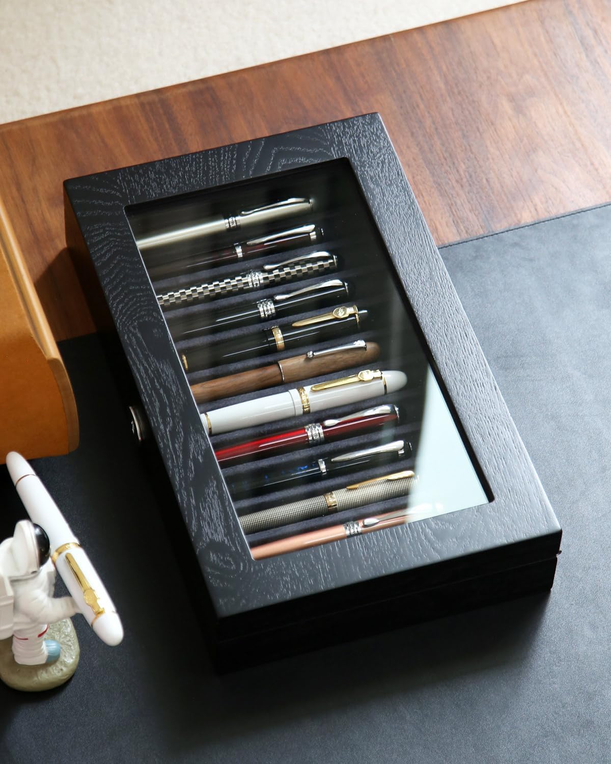 Wooden Pen Display Case – 12 Slot Lockable Fountain Pen Storage Box, Black Collectors Display with Glass Top, Gift for Men