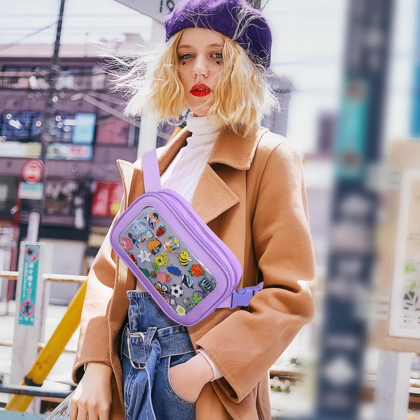 Pin Bag Fanny Pack, Ita Bag Storage Purple Crossbody Belt Bags for Women Teens Girls Gifts, Pins Boards For Sports, Memorial, Travel Brooches (No Pins Included) Purple