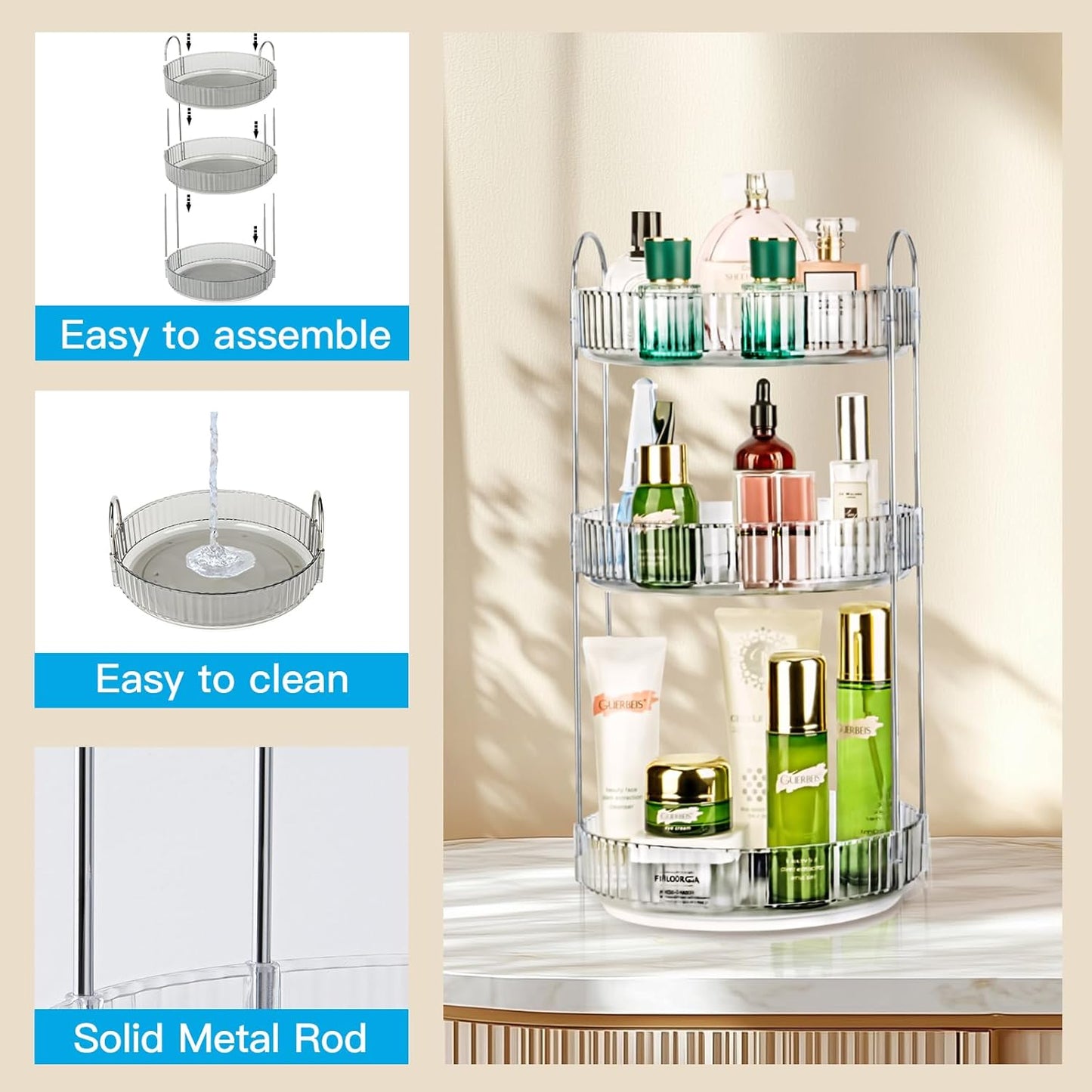 360 Rotating Makeup Organizer, 3 Tier Large Capacity Lazy Susan Bathroom Counter Organizer, Skincare Organizers, Spinning Perfume Organizer & Vanity Organizer Countertop (Classic Grey, 3 Tier)