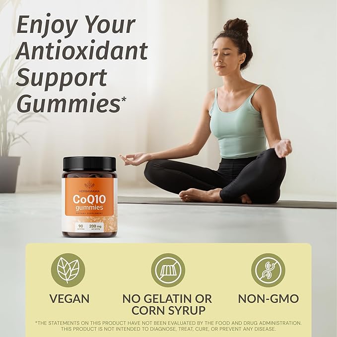HERBAMAMA CoQ10 Gummies - 200mg Coenzyme Q10 for Antioxidant Support - Vegan, Non-GMO Daily Energy Support Supplement - 90 Pectin-Based Banana-Flavored Chews