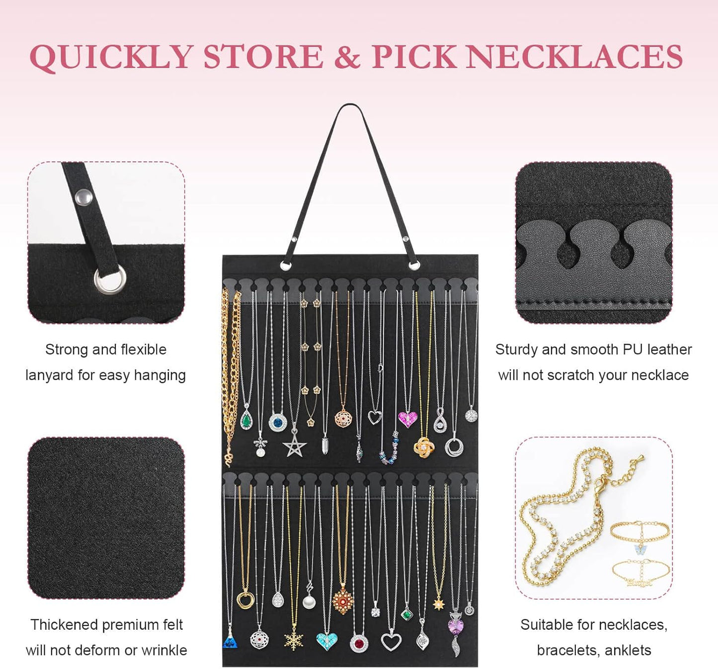 Caffox Hanging Necklaces Holder, Large Jewelry Organizer for Necklaces, Bracelets, and Ankles, Necklaces Display Storage Hanger for Wall, Closet and Door