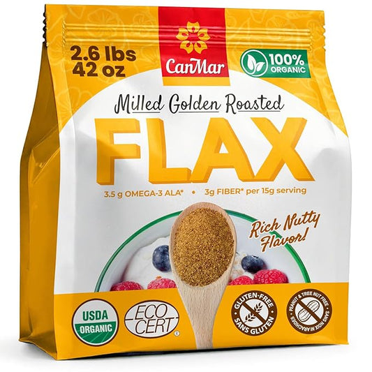 CanMar Ground Milled Golden Roasted Organic Flaxseed, 42 oz – Vegan, Non-GMO, Gluten Free – Flaxseed Meal with Omega-3, Fiber – Ground Organic Linseed Powder