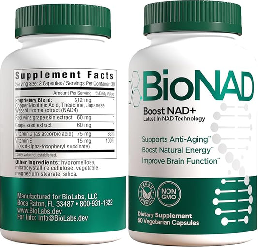 BioNAD NAD+ Natural Energy Booster - Boosts NAD+ - Supports Cardiovascular Health by lowering LDL Cholesterol - Anti Aging - Combats Inflammation induced Aging on a Cellular Level - Vegan/Non GMO