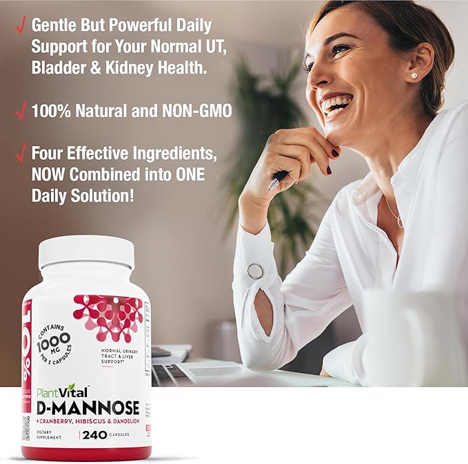 Plantvital D Mannose Capsules with Cranberry - D-mannose 1000mg Capsules - High Potency for Bladder, Kidney and Urinary Tract Support. Cranberry Powder with Hibiscus and Dandelion.4 Months Supply