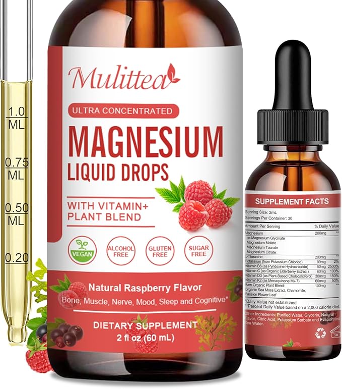 Magnesium Glycinate Liquid Drop - Triple Absorption Supplement to Support Nerves, Sleep, Calm, Heart, Muscles * -Sugar-Free with Potassium, L-Theanine, Sea Moss, Vitamin B,C,D3, K2-1Pack
