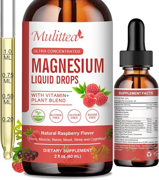 Magnesium Glycinate Liquid Drop - Triple Absorption Supplement to Support Nerves, Sleep, Calm, Heart, Muscles * -Sugar-Free with Potassium, L-Theanine, Sea Moss, Vitamin B,C,D3, K2-1Pack