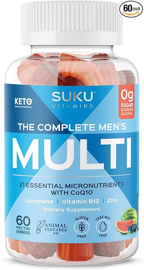 SUKU Men's Daily Multivitamin Gummies – Vitamins A, B12, C, D3, E, Zinc, CoQ10 & Lycopene – Prostate, Heart & Immune Support – Sugar-Free, Vegan, Mixed Fruit Fusion – 60 Count