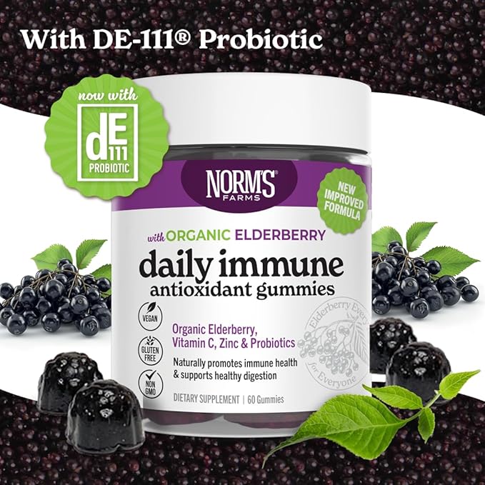 Norm's Farms Organic Elderberry Gummies - Daily Immune Support for Adults & Kids with Zinc, DE111 Probiotic, Vitamin C - Made in USA, 3rd Party Tested - Vegan, Gluten-Free, Kosher, Non-GMO, 60 Gummies