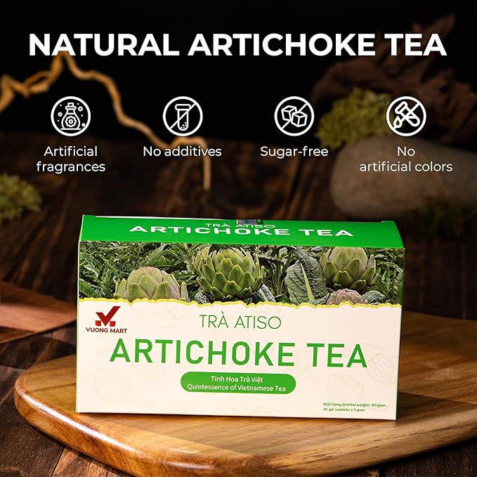 VUONGMART Artichoke Flower Tea, 100% Hand Pick, Stevia, Ming Aralia, Organic Herbal Tea, 30 Tea Bags, Gluten Free, Dairy Free, Sugar Free & Natural, Energy Boost & Health Support