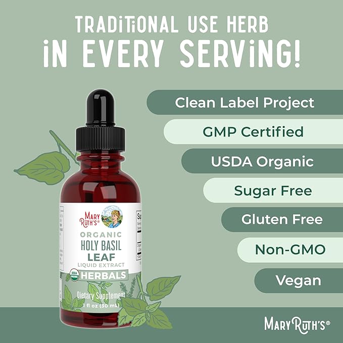 MaryRuth Organics Holy Basil Sugar Free | Tulsi Holy Basil Herbal Liquid Drops | Antioxidant | Cognitive Function | Digestive Support | Energy Levels | Vegan | Non-GMO | 1 Fl Oz