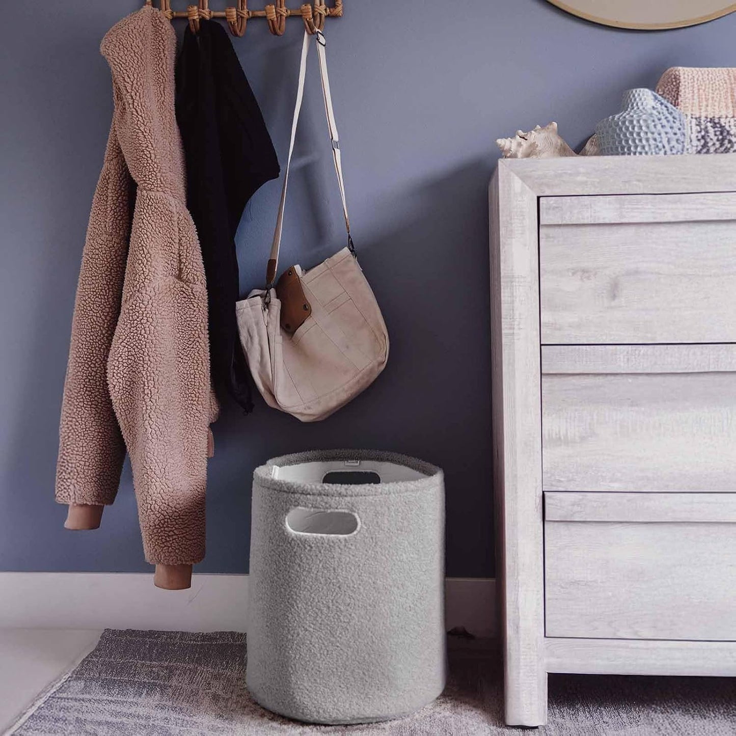 PUTSKA Basket – Round Storage for Toys, Clothes, Stuffed Animals – Soft Baby Girl Basket for Nursery, Kids Room, Bedroom, Living Room – Large, Grey