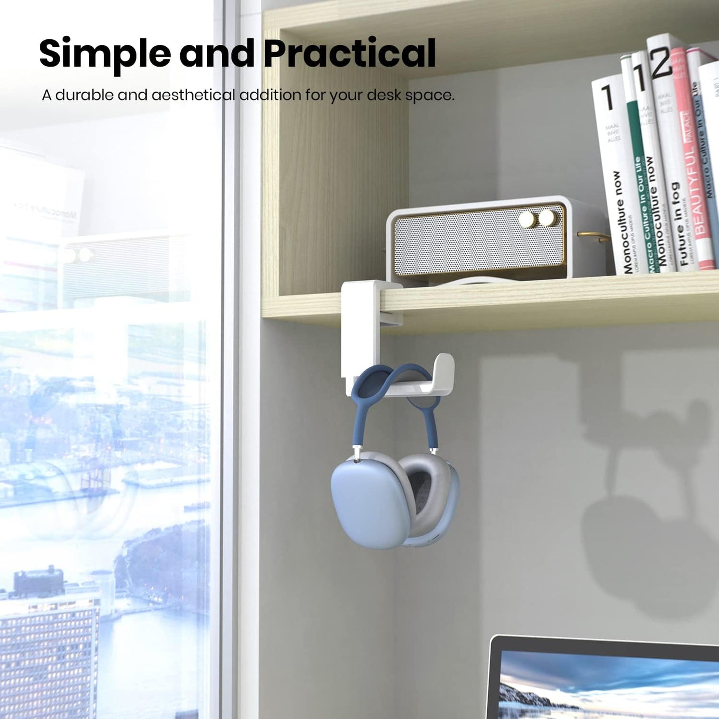 EURPMASK PC Gaming Headset Stand - Adjustable Clamp-on Headphone Holder, 360 Degree Swivel & Cable Clip Organizer - White