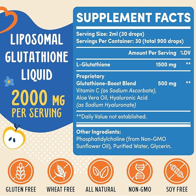 2000MG Liposomal Glutathione Liquid, 98% Absorption, Active Form L-Glutathione Supplement, Vegan Friendly, Powerful Antioxidant Complex for Immune System, Aging Defense, Detox, 16 FL.OZ